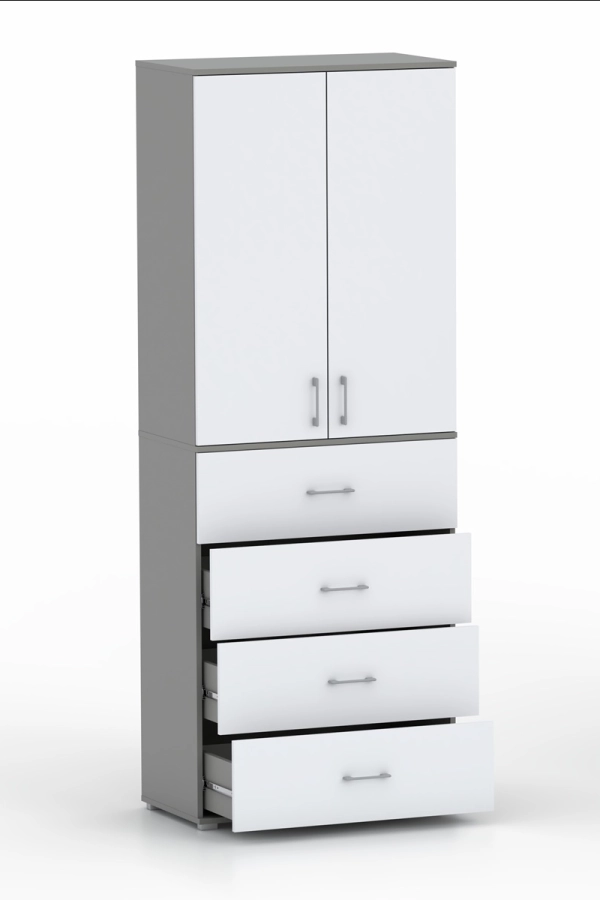 Szafa na ubrania z drążkiem Pola 215 - 4 szuflady 60 / 70 / 80 cm szara z białymi frontami